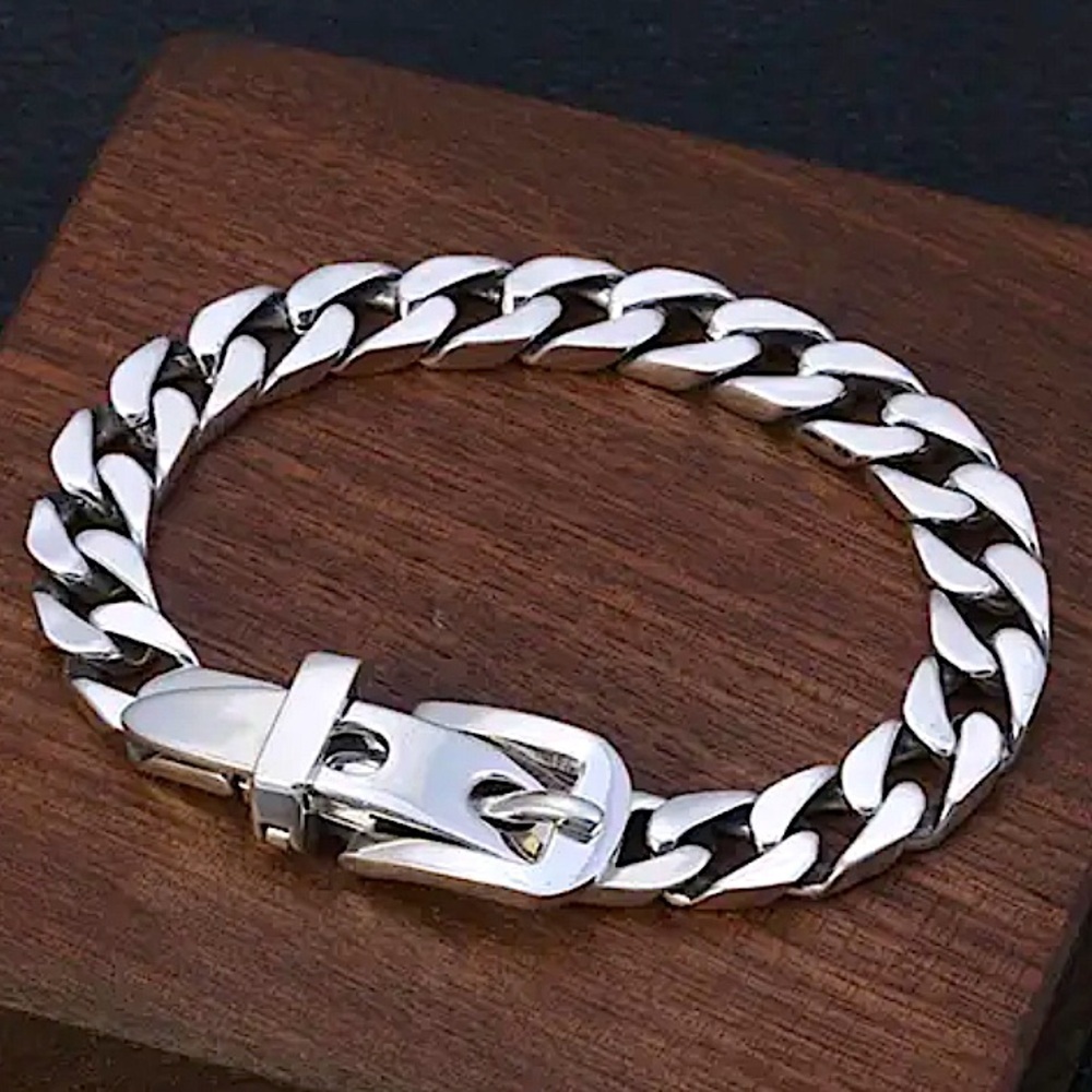 Sterling Silver Buckle Bracelet, Chain Link, Belt Buckle, Minimalist